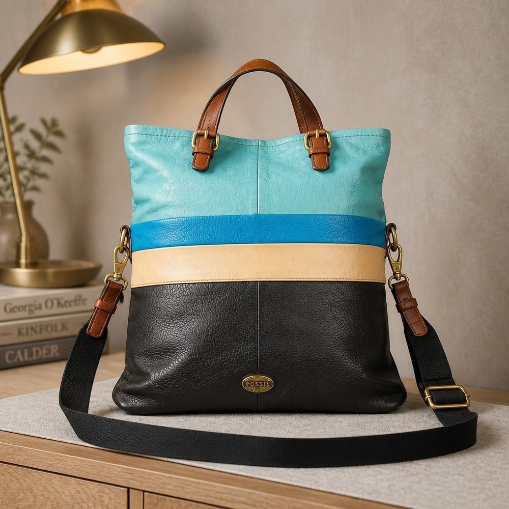 Vintage FOSSIL Fold Over Explorer Crossbody Color Block Pebble Leather